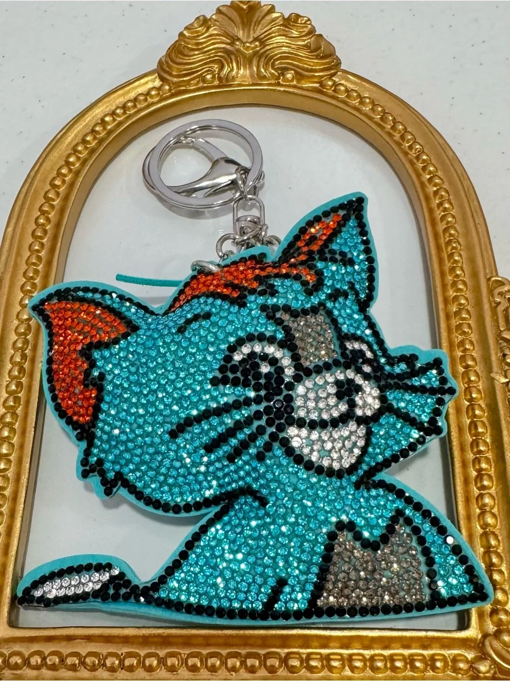 New Turquoise Crystal Cat Keychain with Orange Accents